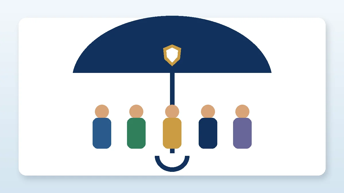 Small business employees protected beneath a large umbrella and shield representing group life insurance benefits