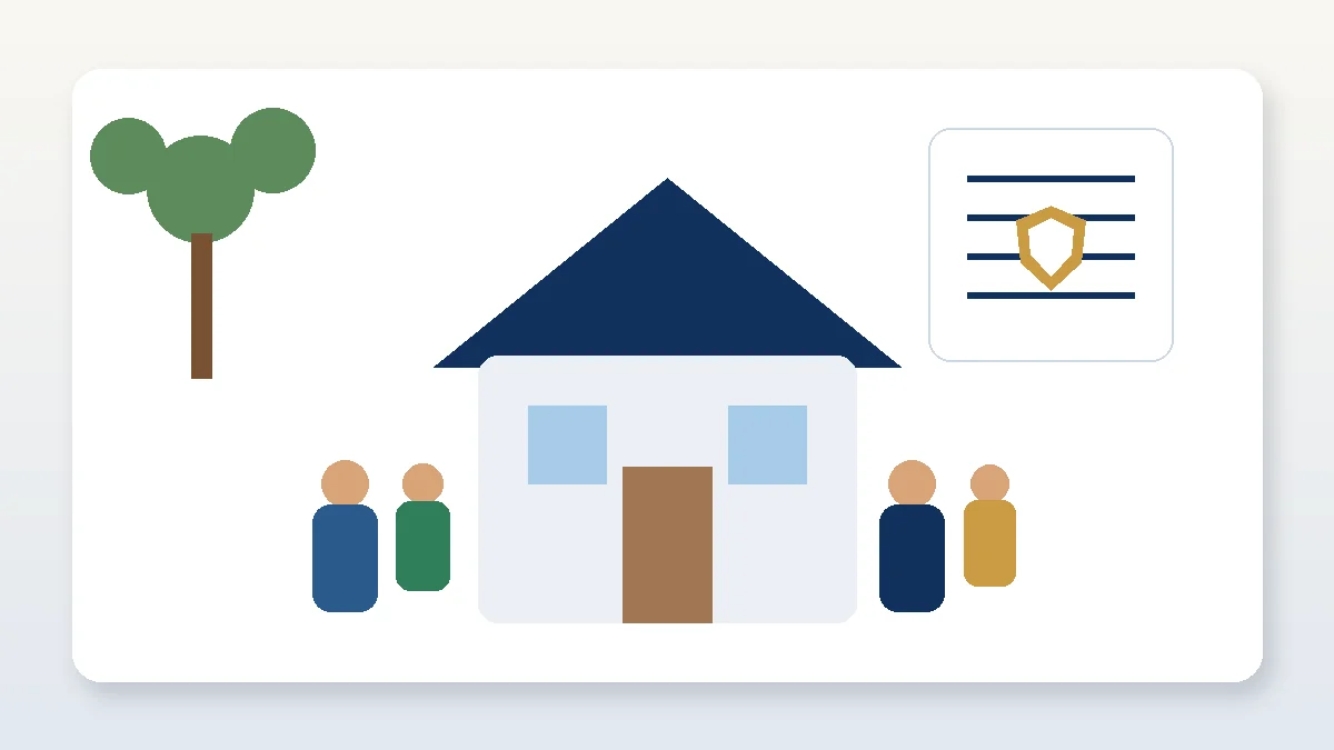 Multigenerational family beside a home, trust document, and protective shield representing life insurance legacy planning