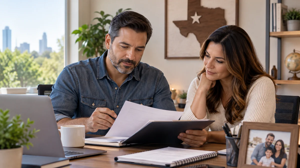 Self-employed Texas couple reviewing life insurance options in a home office