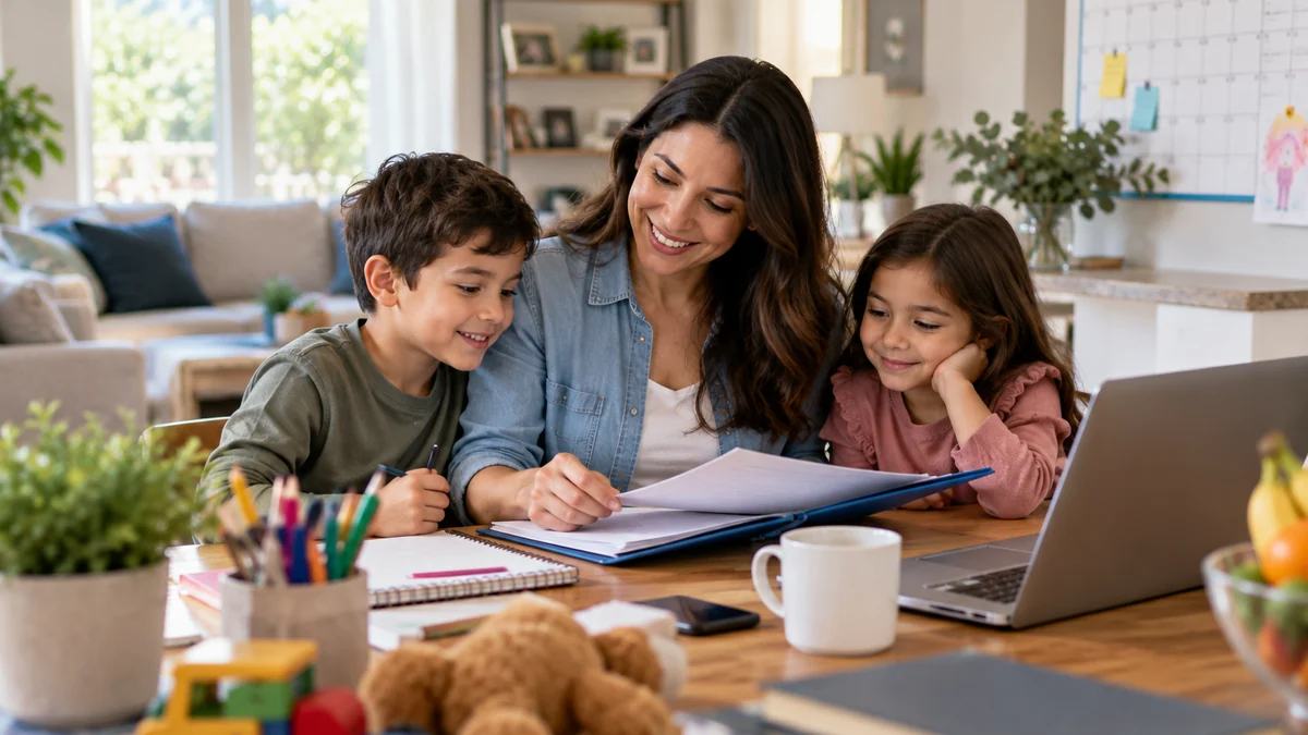 Stay-at-home Texas parent reviewing family protection plans with children at home