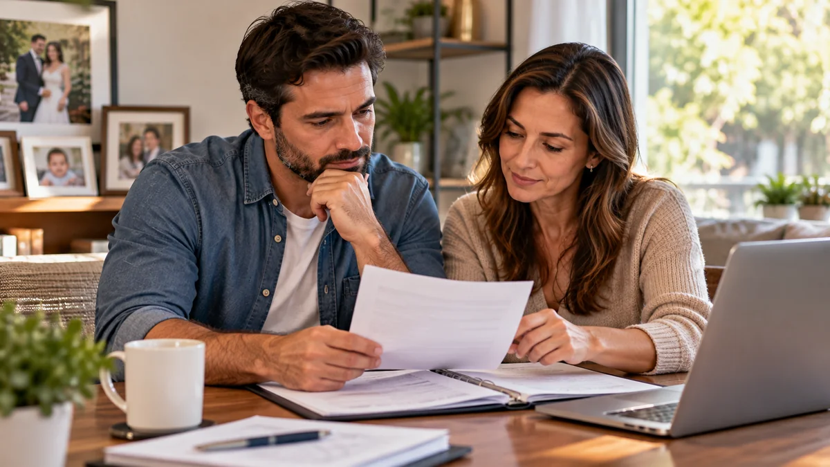 Couple reviewing life insurance beneficiary documents together at home