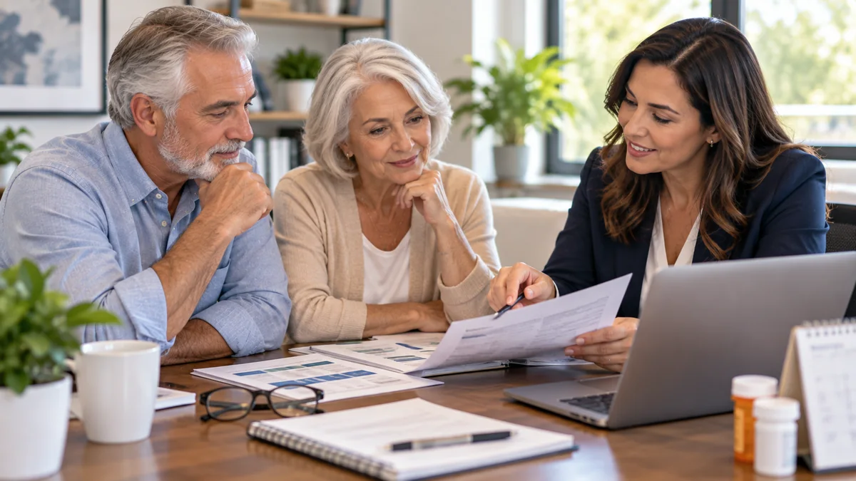 Older couple comparing Medicare coverage options with a licensed insurance specialist